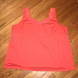 Coral orange tank with lace at neckline